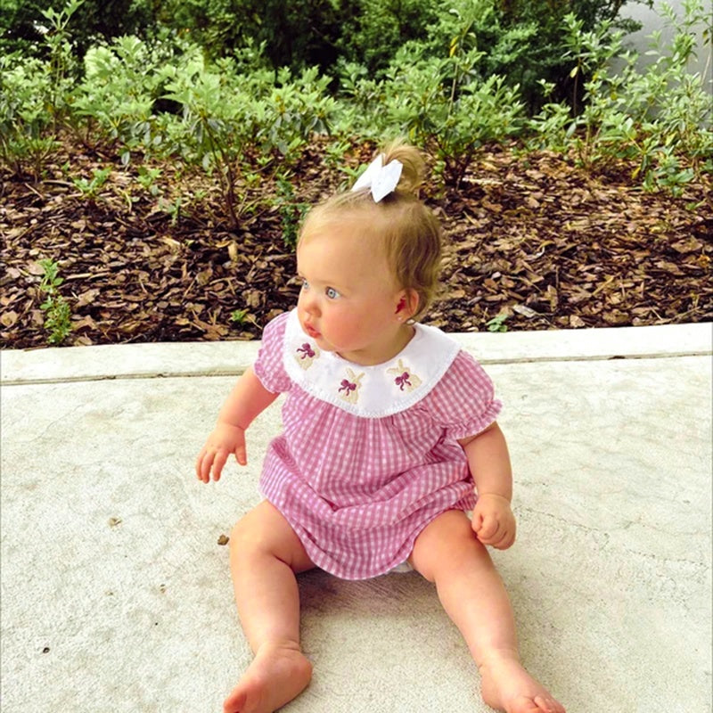Infant Baby Girls Easter Dress – Plaid Smocked Bunny Embroidery Short Sleeve
