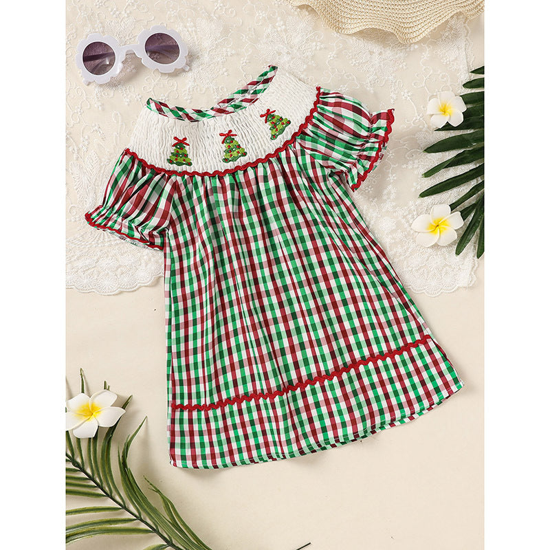 Toddler Infant Baby Girls Christmas Dress – Plaid Short Sleeve Christmas Tree Embroidered Party Outfit