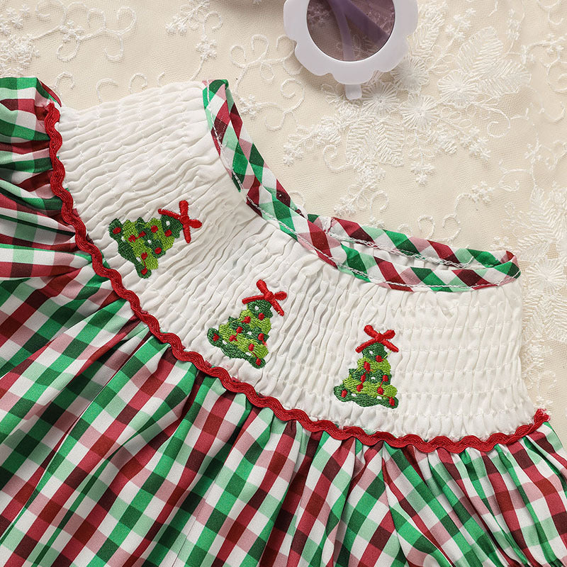 Toddler Infant Baby Girls Christmas Dress – Plaid Short Sleeve Christmas Tree Embroidered Party Outfit