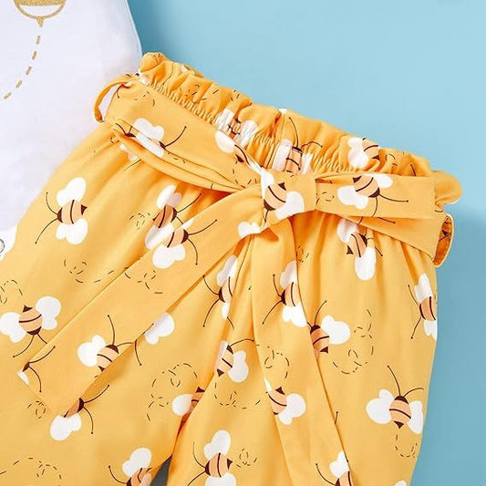 Infant Baby Girl Bee Romper Set – Honeybee Print Bodysuit, Pants & Bow Headband Clothes