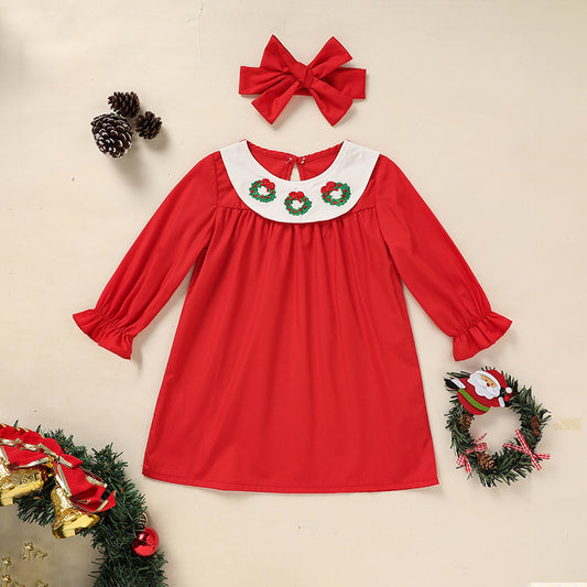 Toddler Baby Girls Christmas Dress – Wreath Embroidered Party Outfit with Headband