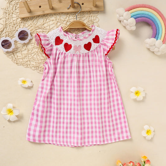 Baby Girls' Valentine's Day Dress - Pink Plaid with Heart Embroidery & Smocked Ruffle Sleeves