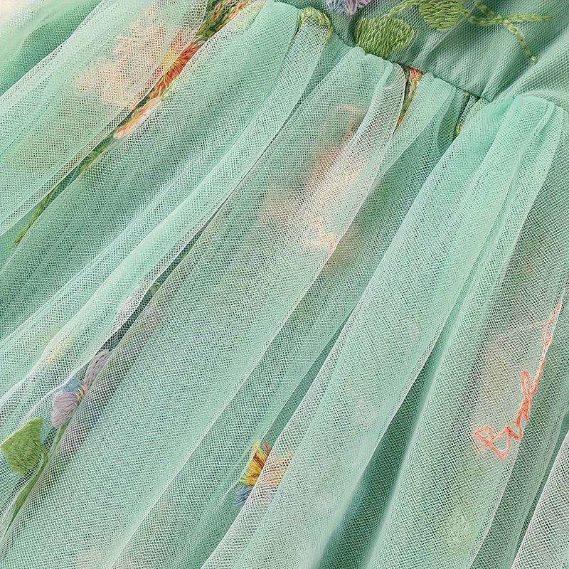 Toddler Girls Sleeveless Floral Tulle Dress – Bowknot Strap Princess Sundress