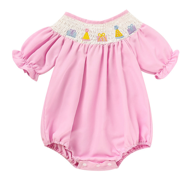 Infant Girls' Cute Birthday Smocked Bubble Romper Short Sleeves Crew Neck Cartoon Embroidery Princess Party Romper Bodysuit
