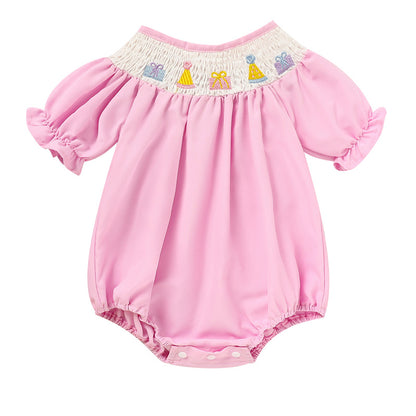 Infant Girls' Cute Birthday Smocked Bubble Romper Short Sleeves Crew Neck Cartoon Embroidery Princess Party Romper Bodysuit