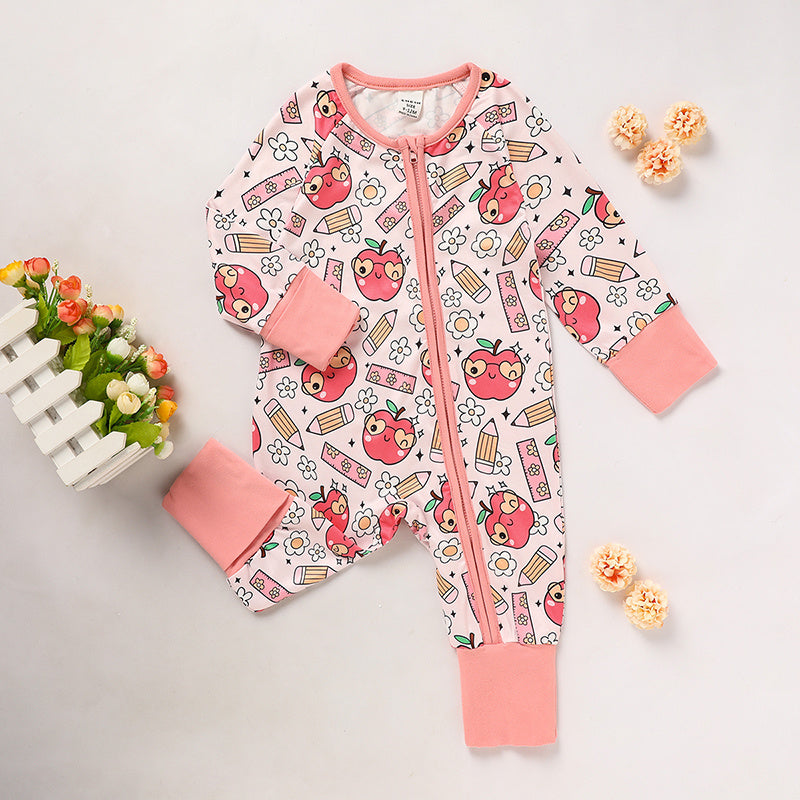 Adorable Infant Back to School Romper – Apple & Pencil Print Long Sleeve Jumpsuit Outfit