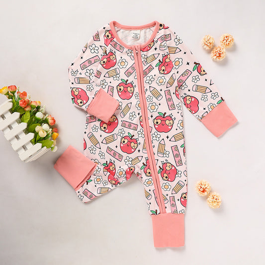 Adorable Infant Back to School Romper – Apple & Pencil Print Long Sleeve Jumpsuit Outfit