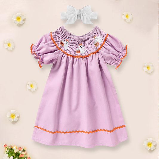 Baby Girl Halloween Dress – Ghost Embroidery with Headband Costume