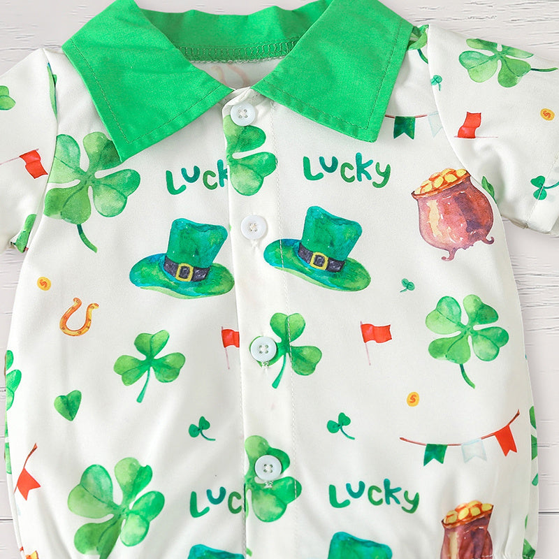 Newborn Baby Boy St. Patrick's Day Outfit – Clover Romper & Suspenders Pants Set