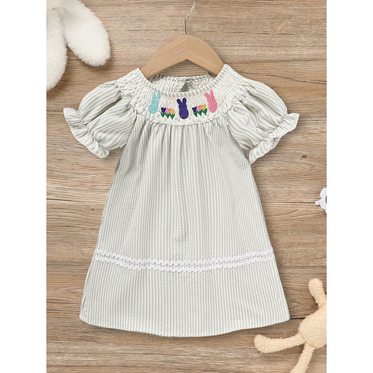 Infant Baby Girls Easter Bunny Smocked Dress – Embroidered Short Sleeve Casual Summer Outfit