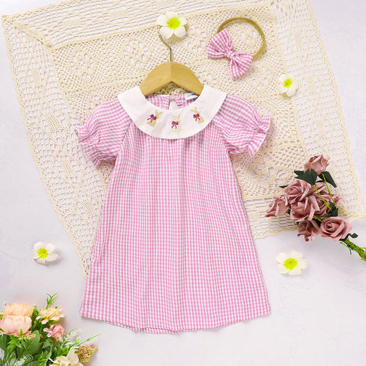 Infant Baby Girls Easter Dress – Plaid Smocked Bunny Embroidery Short Sleeve