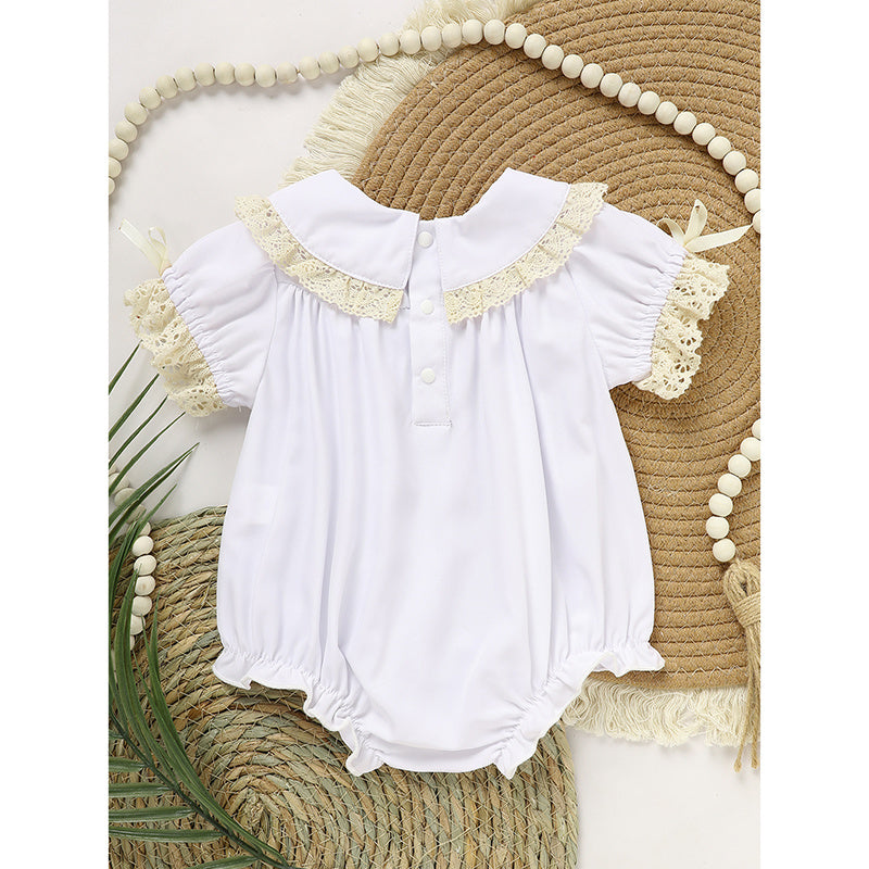 Baby Girl White Lace Romper – Short Sleeve Bubble Jumpsuit for Summer & Weddings
