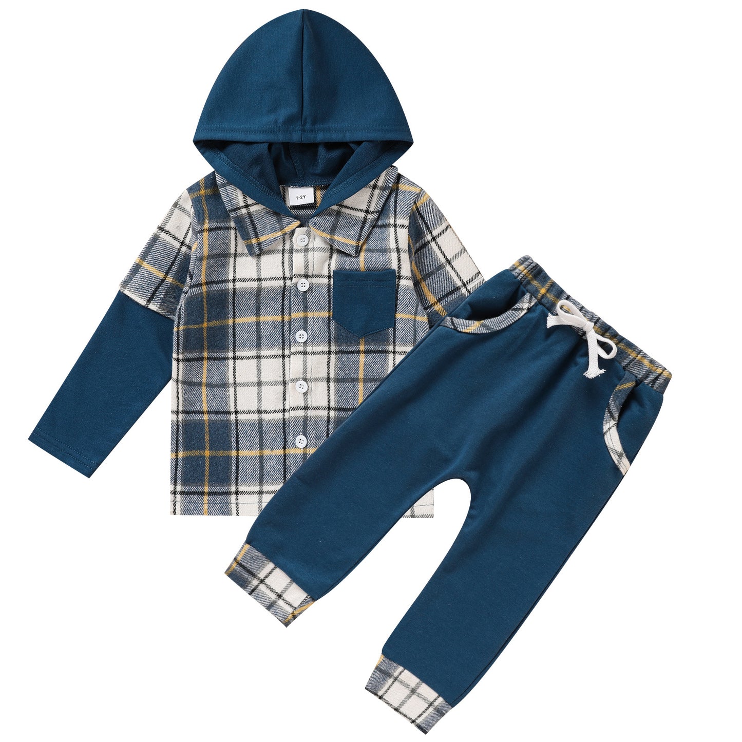 2-Piece Toddler Boy Outfit | Plaid Hoodie Sweatshirt & Pants Set