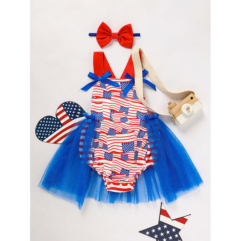Baby Independence Day Bodysuit – Flag Pattern Sleeveless Bowknot Romper
