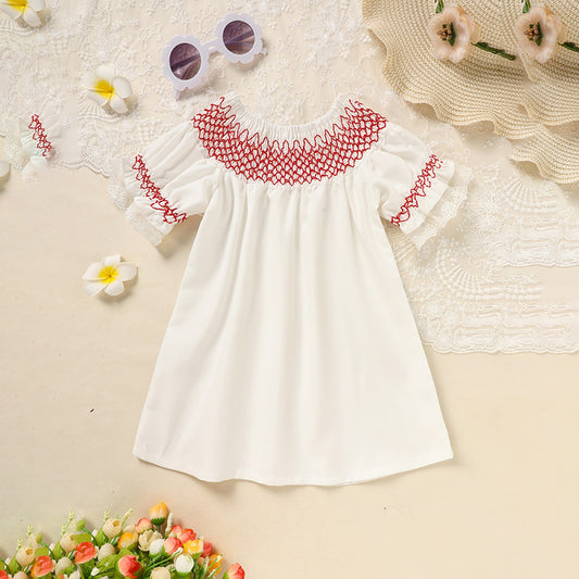 Infant Baby Girl Valentine’s Day Dress – White Lace Short Sleeve Party Dress with Red Embroidery