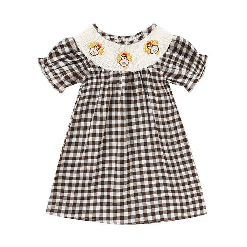 Baby Girl Thanksgiving Dress - Turkey Print Plaid with Short Sleeves, Casual Party Costume