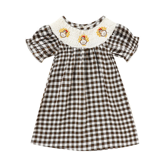 Baby Girl Thanksgiving Dress - Turkey Print Plaid with Short Sleeves, Casual Party Costume