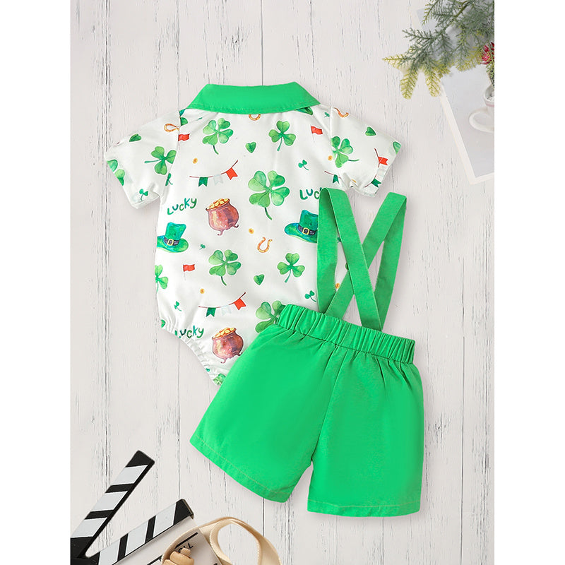 Newborn Baby Boy St. Patrick's Day Outfit – Clover Romper & Suspenders Pants Set
