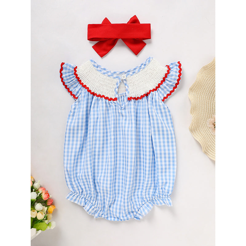 Baby Girls 4th of July Outfit – American Flag Embroidered Smocked Romper with Headband