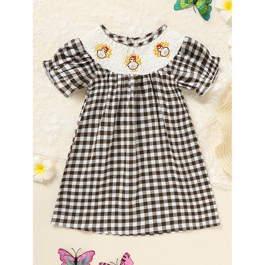 Baby Girl Thanksgiving Dress - Turkey Print Plaid with Short Sleeves, Casual Party Costume