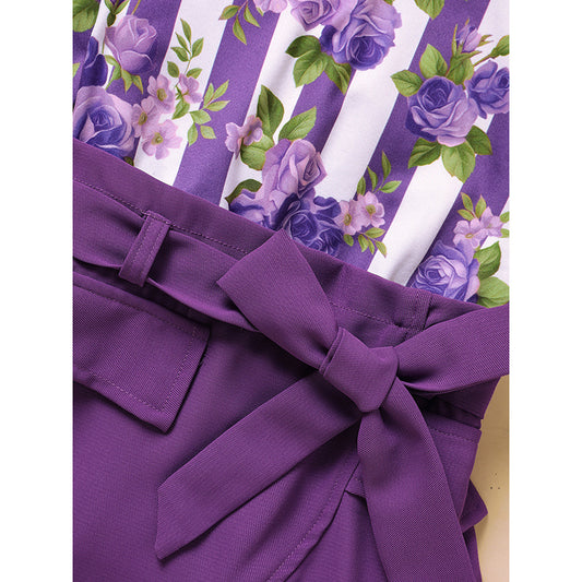 Toddler Girl Outfit Set – Purple Rose Print Top & Belted Skirt | Spring/Fall Holiday Clothes
