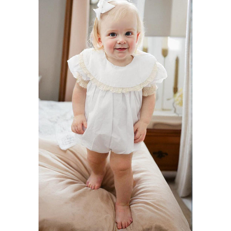Baby Girl White Lace Romper – Short Sleeve Bubble Jumpsuit for Summer & Weddings