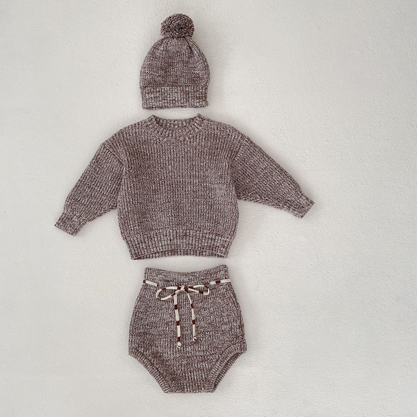 Baby Girl Winter Knitted Outfit – 3-Piece Pullover, Pants & Fur Pom Hat Set