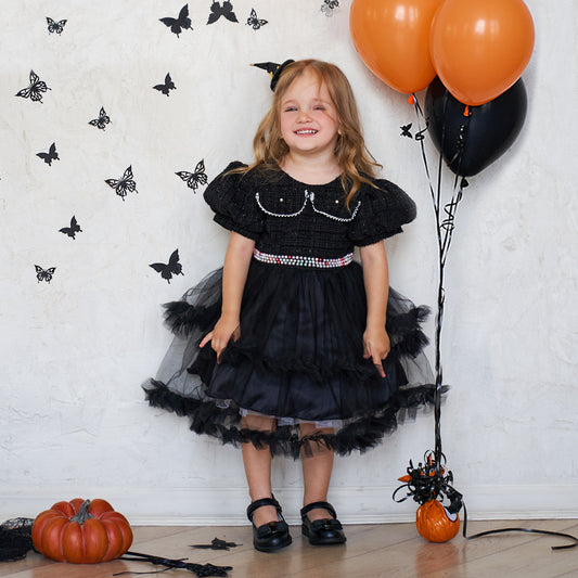 Girls’ Halloween Dress – Fashion Mesh Stitching Puff Sleeve Party Outfit