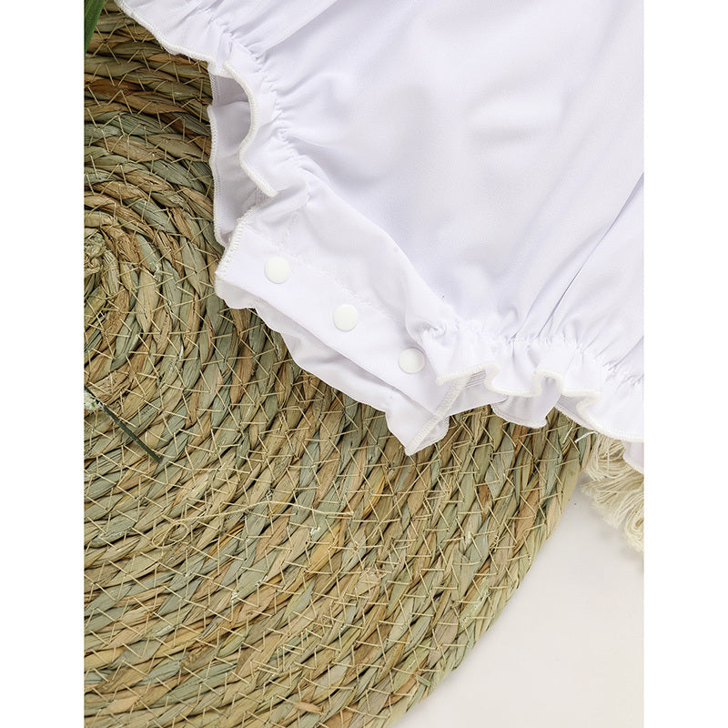 Baby Girl White Lace Romper – Short Sleeve Bubble Jumpsuit for Summer & Weddings