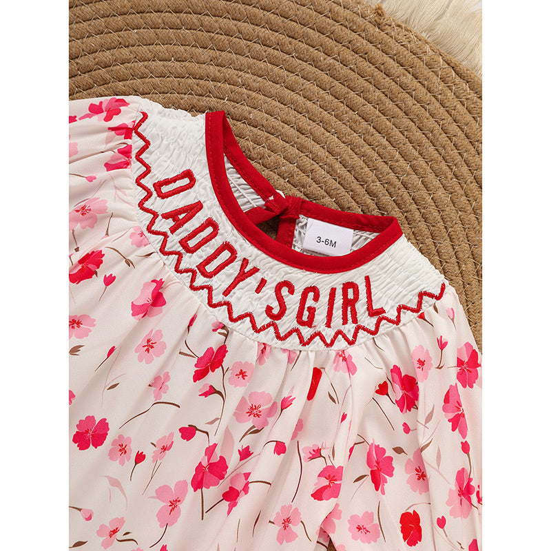 Infant Girls' Floral Smocked Romper – 'Daddy's Girl' Embroidered Short Sleeve Bodysuit for Party & Casual Wear