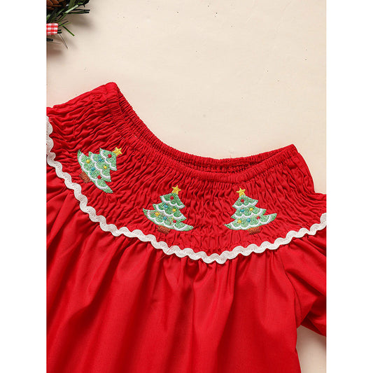 Toddler Infant Girls Christmas Dress – Smocked Tree Embroidery Party Dress