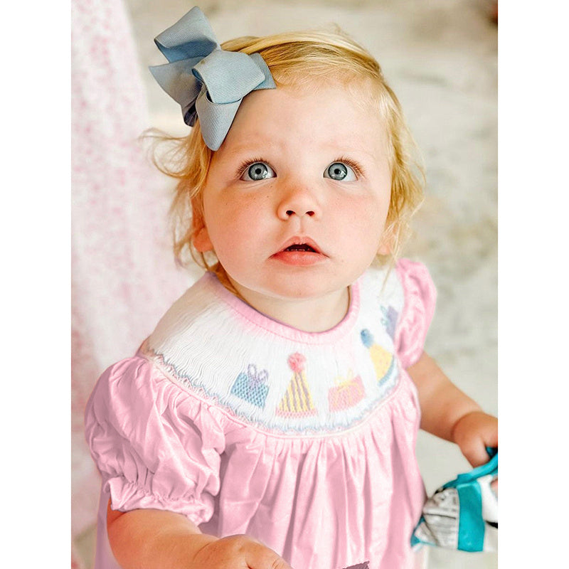 Infant Girls' Cute Birthday Smocked Bubble Romper Short Sleeves Crew Neck Cartoon Embroidery Princess Party Romper Bodysuit