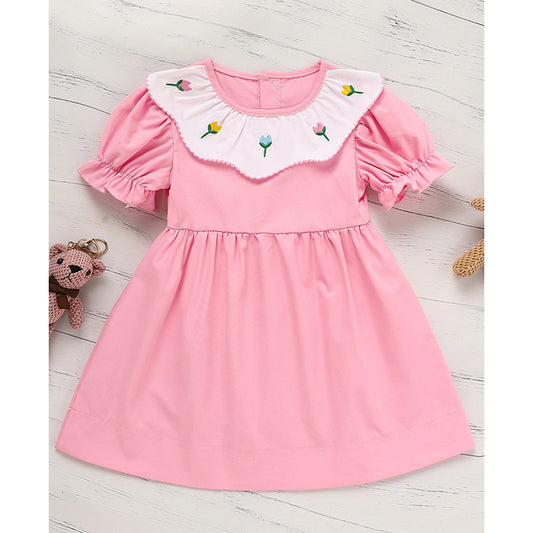 Toddler Baby Girl Spring Tulip Smocked Dress – Short Sleeve Princess Dress with Embroidery