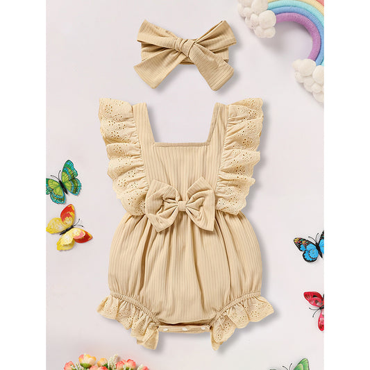 Infant Baby Girl Solid Color Bow Onesie – Square Neck with Headband Summer Outfit