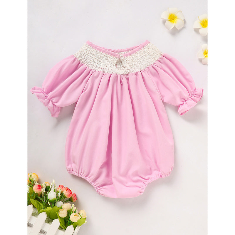 Infant Girls' Cute Birthday Smocked Bubble Romper Short Sleeves Crew Neck Cartoon Embroidery Princess Party Romper Bodysuit