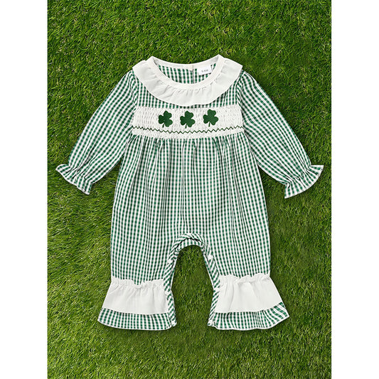 Newborn Baby Girl St. Patrick’s Day Bodysuit – Green Plaid Clover Print Long Sleeve