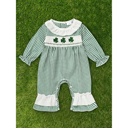Newborn Baby Girl St. Patrick’s Day Bodysuit – Green Plaid Clover Print Long Sleeve