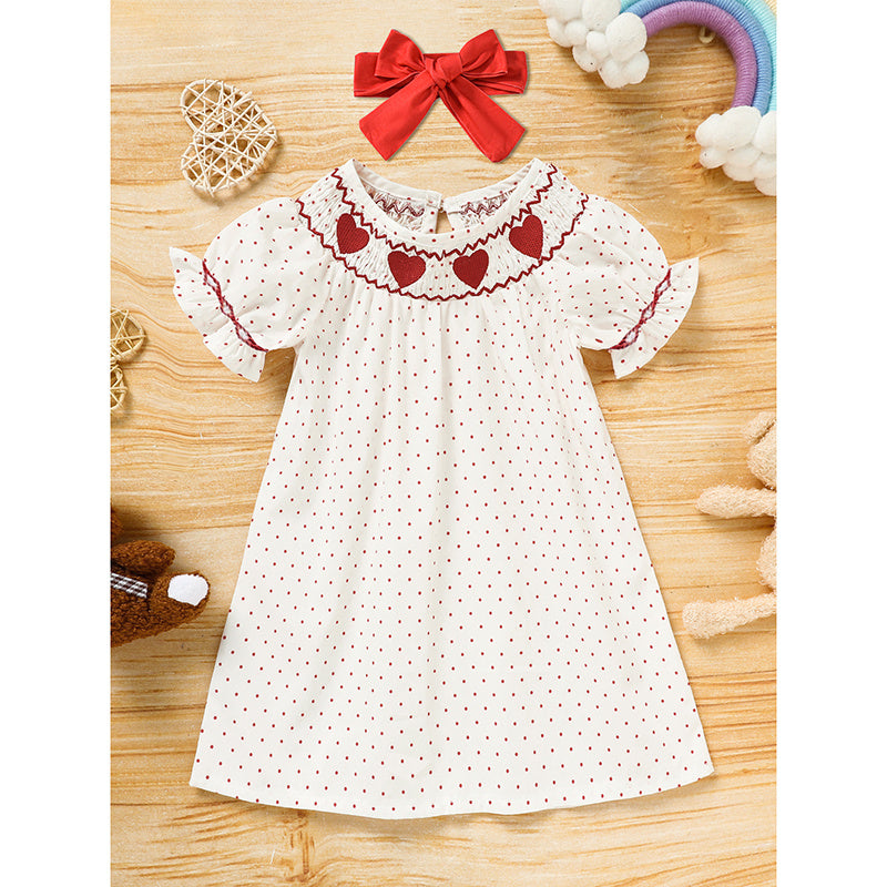 Baby Girl Valentine's Day Dress - Red Heart Embroidery with Headband & Smocked Princess Party Dress