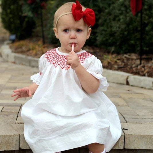 Infant Baby Girl Valentine’s Day Dress – White Lace Short Sleeve Party Dress with Red Embroidery
