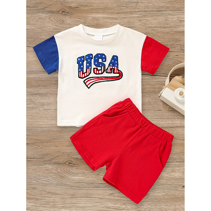 Infant Baby Boy 4th of July Outfit – USA Letter Print Color Block T-Shirt & Shorts Set