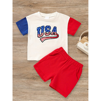 Infant Baby Boy 4th of July Outfit – USA Letter Print Color Block T-Shirt & Shorts Set