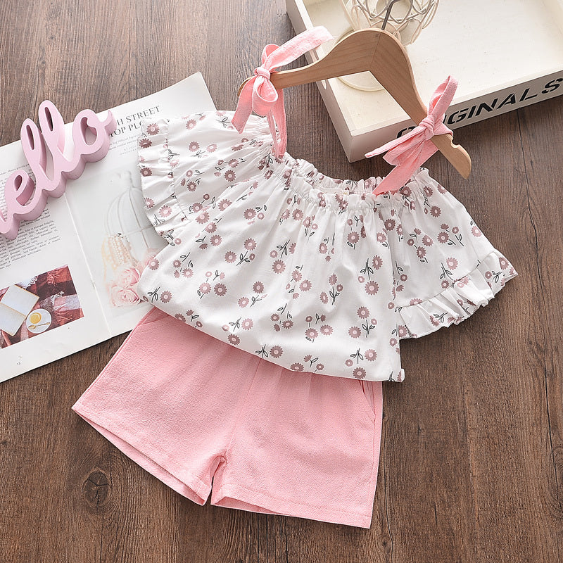 Chiffon Sling Two-Piece Outfit for Girls – Cute Summer Suit with Matching Hat