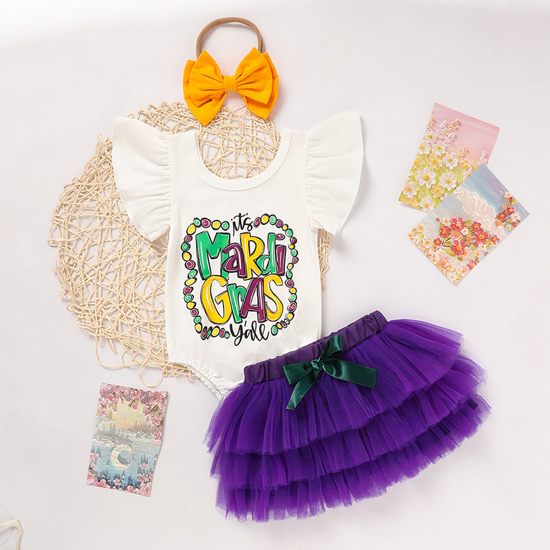 Baby Girls Mardi Gras Outfit – Ruffle Sleeve Bodysuit, Tutu Skirt & Hairband Set
