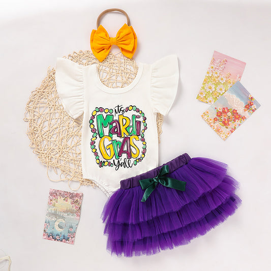 Baby Girls Mardi Gras Outfit – Ruffle Sleeve Bodysuit, Tutu Skirt & Hairband Set