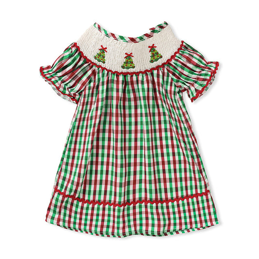 Toddler Infant Baby Girls Christmas Dress – Plaid Short Sleeve Christmas Tree Embroidered Party Outfit