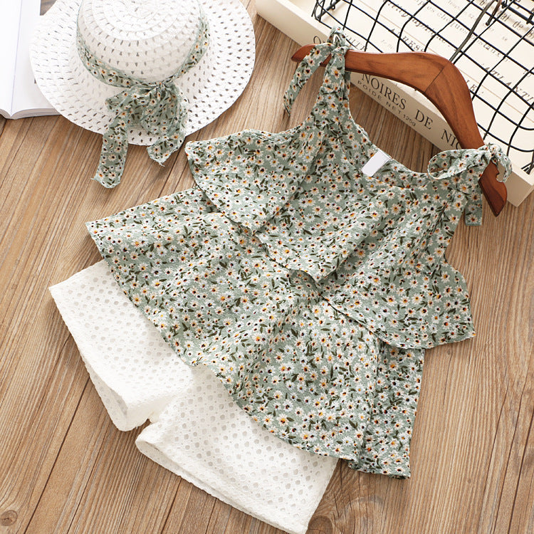 Chiffon Sling Two-Piece Outfit for Girls – Cute Summer Suit with Matching Hat