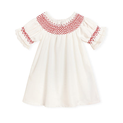 Infant Baby Girl Valentine’s Day Dress – White Lace Short Sleeve Party Dress with Red Embroidery