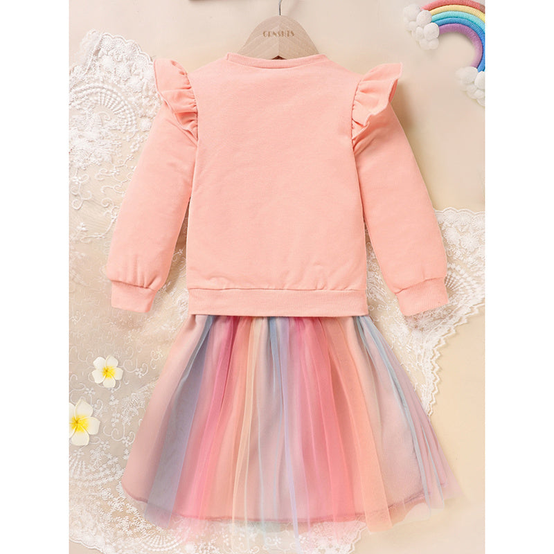 Baby Girl Rainbow Tutu Skirt Set – Embroidered Long Sleeve Sweatshirt & Colorful Party Outfit