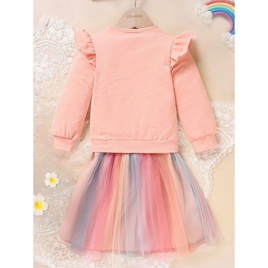 Baby Girl Rainbow Tutu Skirt Set – Embroidered Long Sleeve Sweatshirt & Colorful Party Outfit