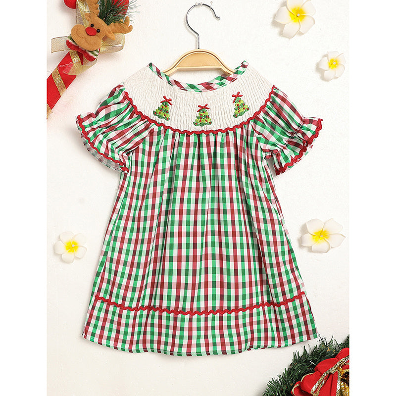 Toddler Infant Baby Girls Christmas Dress – Plaid Short Sleeve Christmas Tree Embroidered Party Outfit